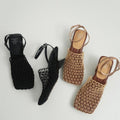Vintage Weave Hollow-out Square Toe Chunky Heel All-matching Casual High Heels