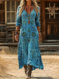 Womens 3D-printed V-neck Long-sleeve Dress