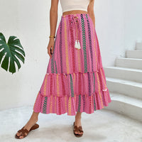 Womens Tassel-Laced Ethnic-Style Striped Printed Skirt