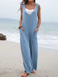 Solid Color Patch Pocket Fashionable Jumpsuit V-neck