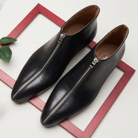 Men's Pointed Toe Leather High-Top Zipper Boots