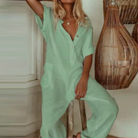 Women's Elegant Button V-Neck Cotton Linen Jumpsuit