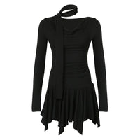 French-style Off-shoulder Pleated Halter-neck Long-sleeve Dress
