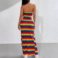 Rainbow-striped Bodycon Off-shoulder Halter Sexy Summer Dress