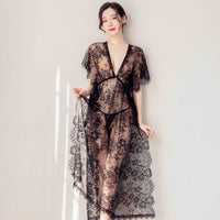 Women's Long Split Black Sheer Lace Nightdress