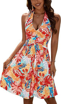 V-Neck Lace-Up Printed Pleated Pocket Dress For Women