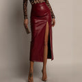 High-waisted Figure-flattering Solid-color Leather Pencil Skirt
