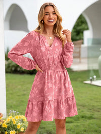 V Neck Elastic Waist Flared Womens Dress With Long Sleeves And Ruffled Hem