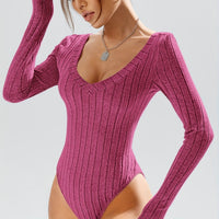Simple Casual Solid Color Deep V-neck Slim Fit Waist-controlled Long Sleeves Jumpsuit Women