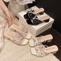 2026 New Square Toe Polka Dot Rhinestone Bow One Strap Block Heel Mules Women Outdoor Elegant Sandals