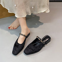 Satin Square Toe Toe Cool Slippers For Women, Summer Thick Heels, Half Drag Single Shoes
