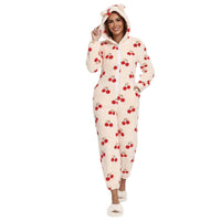 Flannel Thickened Cute Cherry Print Women's Jumpsuit Pajamas