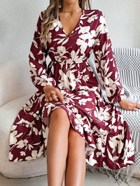 Women's Casual Floral Print Tie Waist Long Sleeve Ruffle Dress