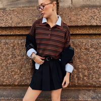 Striped Sweater Retro Contrast Color Striped Polo Collar Knitted T-shirt