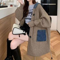 Mid Length Loose Fit Denim Patchwork Knit Cardigan