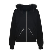 Black Zipper Divided Print Fleece Hooded Sweatshirt