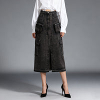 Personalized Trendy Skirt Womens High-Waisted Long Patchwork Denim Skirt With Multiple Pockets