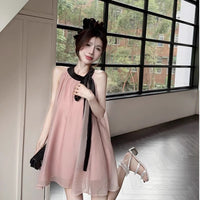 French-style Loose-fit Tie-up Halter Dress