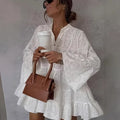 Womens Loose V-Neck Hollow-Out Lace Floral Dress
