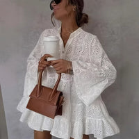 Womens Loose V-Neck Hollow-Out Lace Floral Dress
