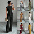 Solid-color Short-sleeve Top And Ribbed Casual Pants Set