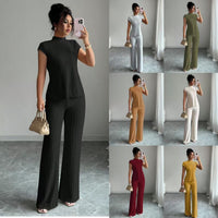 Solid-color Short-sleeve Top And Ribbed Casual Pants Set