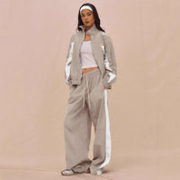 Stylish Womens Striped Zip-Up Jacket And Lace-Up Pants Set
