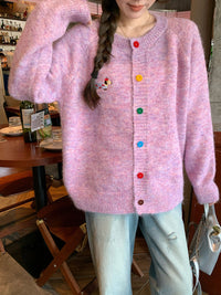 Women's Sweet Round Neck Color Buckle Puppy Pattern Long-sleeved Sweater Cardigan