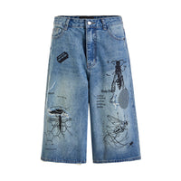 American Style Retro Street Graffiti Printing Destroyed Wormhole Cropped Jeans