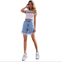 SpringSummer Slimming Raw-Edge Wide-Leg Denim Shorts