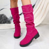 Leopard-print Suede Block-heeled Versatile Pleated Booties