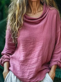 Spring Women's Casual Loose Fashion Long Sleeved Solid Color Pile Collar Pullover Pleated Top