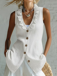 Linen Blend Sleeveless Vest Top Button-Front V-Neck Blouse For Women