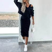 Womens Solid Color V-Neck Long-Sleeve Top And Casual Dress Two-Piece Set