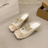 French Retro Bow Mary Jane Shoes With Toe Caps, Half Drag Ballet High Heels, Women's Casual Thick Heels