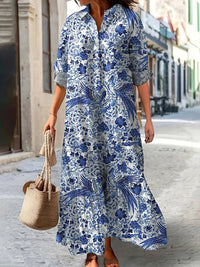 Womens Long-Sleeve Lapel-Neck Digital-Print Dress