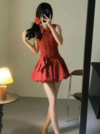 Elegant Red Shirt-bloom Dress For Women