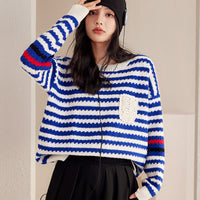 Autumn And Winter Blue Women's Striped Pullover Fashionable Sweater