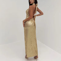 V-neck Open-back Gold Maxi Dress