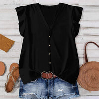 Solid-color V-neck Buttoned Flutter-sleeve Blouse For Women