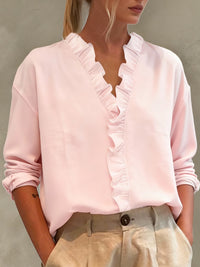 Womens Casual Long-sleeve V-neck Blouse With Lace Trim