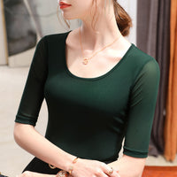 Women's Elegant Scoop Mesh T-shirt Solid Color Waist Stretch Top