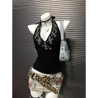 Niche Black V-Neck Embroidered Halter Backless Sophisticated Vintage Top