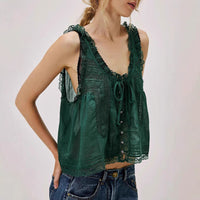 Solid-color Sweet Slim-fit Buttoned Lace-trimmed Patchwork Mini Vest Top