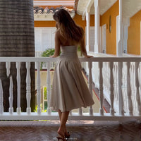 French-style Womens Strapless Backless Waist-Cinching A-Line Dress