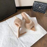 Pointed-toe Slender High-heel Non-slip Plush Shoes High-heel Slippers