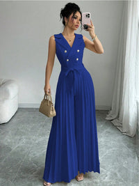 Suit Collar Bow Tie Belted Waist Pleated Jumpsuit