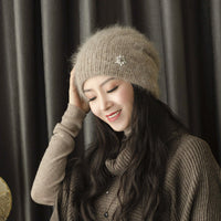 Women's Rabbit Hair Knitted Hat Thickened Warm Rhinestone Flowers