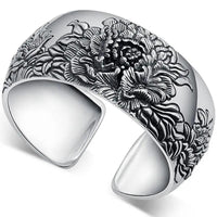 Womens Wide Retro Peony Blossom Wealth And Prosperity Open Bangle