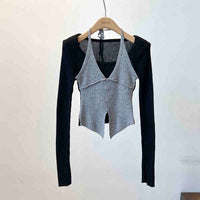 Halter False Two-piece Patchwork Long Sleeve Knitwear T-shirt Top